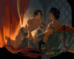 2boys before_sex black_eyes black_hair bracelet brown_hair earring earrings eyebrows faraj femboy feminine feminine_male gay gay_sex hair half-dressed hookah lliusn looking_at_viewer male necklace open_mouth perfect_body piercing piercings pleasure_face pleasured presenting protagonist(sultan's_game) short_hair skirt smile smiling smiling_at_partner sultan's_game touching_face touching_mouth twink