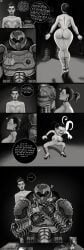 action_figure ass back_muscles back_view big_breasts bikini_armor breasts brown_hair choker comic comic_page commander_thira doom doom_(series) doom_slayer_(doom) english_text fit_female gnashershells heels legs massive_breasts nipples quake speech_bubble spiked_collar thira_(doom) toys