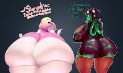 2022 2girls ass_bigger_than_head ass_vs_breasts big_ass big_breasts big_butt breasts breasts_bigger_than_head dark_skin dialogue female female_only huge_ass huge_breasts huge_butt inkling light_skin marina_(splatoon) nintendo octoling pearl_(splatoon) splatoon swimsuit swimwear tagme talking text thick_thighs ujanskiy voluptuous wide_hips