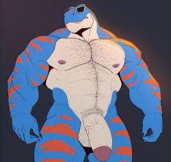 abs anthro arm_hair balls barazoku belly_hair big_penis blue_body blue_scales body_hair bulge chest_hair diesel_(ralarare) digital_drawing_(artwork) digital_media_(artwork) dinosaur eyewear eyewear_only flaccid genitals glasses glasses_only grey_background hairy_balls happy_trail hi_res humanoid_genitalia humanoid_penis leg_hair male male_only mr_nellory muscular muscular_anthro muscular_male navel nipples non-mammal_balls non-mammal_navel non-mammal_nipples nude nude_anthro nude_male orange_stripes pecs penis prehistoric_species pubes reptile scales scalie sharp_teeth simple_background solo striped_body striped_scales stripes stubble sunglasses teeth theropod thick_thighs tyrannosaurid tyrannosauroid tyrannosaurus tyrannosaurus_rex vein veiny_penis wearing_glasses