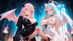 ai_art ai_generated angel angel_wings animal_ears blue_hair cat_ears cat_girl cat_tail catgirl dickgirl futanari futanari halo koneko konekofuta large_breasts large_penis pink_hair succubus succubus_wings two_tone_hair two_tone_hair_(blueandpink)