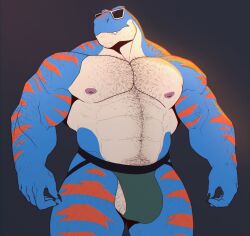 abs anthro arm_hair ball_slip balls barazoku belly_hair blue_body blue_scales body_hair bulge chest_hair clothed clothing diesel_(ralarare) digital_drawing_(artwork) digital_media_(artwork) dinosaur eyewear genitals glasses grey_background hairy_balls happy_trail hi_res jockstrap leg_hair male male_only mr_nellory muscular muscular_anthro muscular_male navel nipples non-mammal_balls non-mammal_navel non-mammal_nipples orange_stripes pecs prehistoric_species reptile scales scalie sharp_teeth simple_background solo striped_body striped_scales stripes stubble sunglasses teeth theropod thick_thighs topless topless_anthro topless_male tyrannosaurid tyrannosauroid tyrannosaurus tyrannosaurus_rex underwear wearing_glasses