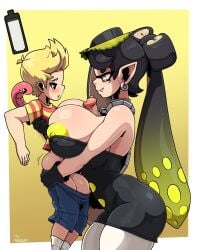 1boy 1girls 2d areola areola_slip areolae areolae_slip balls big_areola big_balls big_breasts boobjob breasts breasts_bigger_than_head callie_(alterna) callie_(splatoon) curvy curvy_figure digital_media_(artwork) female female/male gloves hand_on_back hand_on_butt holding holding_ass huge_breasts large_breasts logo looking_at_penis male male/female nervous nintendo precum smile smiling snake splatoon splatoon_3 splatoon_3:_return_of_the_mammalians squid_sisters tagme the_yeager theyeager trenchcoat