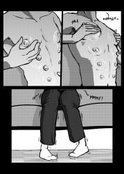 2018 8_nipples absurd_res areola black_border border bottomwear breast_fondling breast_growth breast_play breasts clothed clothing comic curling_toes dialogue english_text feet fondling footwear furniture gender_transformation growth halftone hand_on_breast hand_on_own_breast hi_res humanoid inside knock-kneed legs_together monochrome motion_lines mtf_transformation multi_nipple navel nipple_fetish nipple_play nipples not_furry on_sofa pants pesimist self_fondle sitting sitting_on_sofa socks sofa solo text topless transformation transformation_sequence