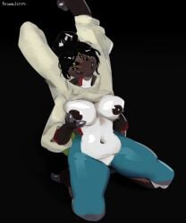 2025 4_arms 5_eyes absurd_res animal_humanoid anthro arachnid arachnid_humanoid arthropod arthropod_humanoid belly biped black_background breasts brown_nipples claws clothed clothing clothing_lift colorful_body female genitals green_eyes grey_claws hair hand_on_breast hi_res high-angle_view humanoid kneeling looking_at_viewer markings messy_hair multi_arm multi_eye multi_limb nipples non-mammal_breasts non-mammal_nipples oiled_body pussy sasha_(thetesan) simple_background smile solo solo_focus spider stretching sweater sweater_lift teeth thetesan tied_hair topwear