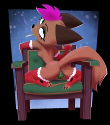 anthro arched_back ass audrey_(pusszone) back_boob barely_visible_genitalia barely_visible_pussy biped breasts brown_body brown_fur bubble_butt camel_toe canid canine chair cheek_tuft christmas christmas_clothing christmas_gift cigarette clothing eyelashes facial_tuft female fingerless_gloves fluffy fluffy_tail fox fur furniture genitals gloves hair half-closed_eyes handwear head_tuft hi_res holidays kneeling_on_chair looking_at_viewer looking_back looking_back_at_viewer mammal mostly_nude narrowed_eyes on_chair pawpads purple_hair pussy pussy_sticker pusszone rear_view small_breasts small_waist smoking smoking_cigarette snow solo tail tail_aside tail_base_tuft toeless_thigh_highs tuft wide_hips
