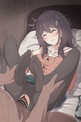 1boy 1girls 2025 bed black_hair blush censored closed_eyes clothed_female_nude_male fat_male hair_ornament hibi_wa_sugiredo_meshi_umashi kawai_mako legs_up motion_lines muke_(fz064) no_panties no_shoes pantyhose penis pussy questionable_consent saliva sex skirt skirt_up tagme tears torn_clothes torn_pantyhose vaginal_penetration
