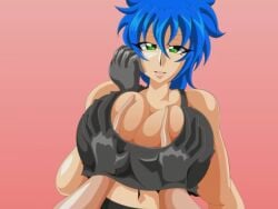 alternate_breast_size big_breasts blue_hair breast_squeeze breasts busty clothing female kaimanwanio king_of_fighters kof leona_heidern male muscles nude_male_clothed_female sexy snk