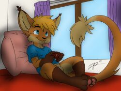 animal_genitalia anthro balls bed big_ears blue_clothing blue_eyes blue_shirt blue_topwear bottomless canid canine clothed clothing controller curtains curtains_open cute_fangs fangs fully_sheathed furniture game_controller gaming genitals hybrid looking_forward male male_only mammal pawpads pillow playing_video_game reclining sheath shirt smile solo tail tail_tuft teeth topwear tuft window zephyrpanthur