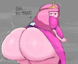 adventure_time annoyed ass ass_bigger_than_head ass_focus big_ass big_breasts black_eyes breasts cartoon_network crown english_text finn_the_human huge_ass lolbear_9 long_hair massive_ass pink_hair pink_skin princess princess_bubblegum pulling_up_pants robe smooth_skin text