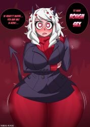 1girls big_breasts breasts clothing demon demon_girl dialogue drooling female female_only heart-shaped_pupils helltaker horns horny horny_female imminent_sex kibou-kage looking_at_viewer modeus_(helltaker) png red_eyes solo suit tail talking_to_viewer text thick_thighs thunder_thighs white_hair wide_hips