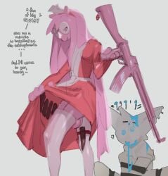 2025 4_fingers absurd_res ambiguous_species anthro balls black_eyebrows blood blue_blood blue_eyes bodily_fluids canid canine closed_smile clothed clothed_anthro clothed_male clothing clothing_lift colored_blood crossdressing dialogue dress dress_lift duo english_text eyebrows eyewear femboy fingers fur genitals glasses grey_text hair hi_res holding_assault_rifle knife kogito legwear long_hair looking_aside male male_anthro mammal monster_energy mouth_closed multicolored_clothing multicolored_dress no_underwear nosebleed pink_balls pink_body pink_ears pink_eyes pink_fur pink_hair pink_nose pointy_ears prick_ears red_clothing red_dress restraints round_glasses simple_background smile snout solo_focus spiral_eyes standing straitjacket talking_to_another text thigh_highs two_tone_clothing two_tone_dress unusual_blood unusual_bodily_fluids white_background white_body white_clothing white_dress white_ears white_fur white_legwear white_thigh_highs