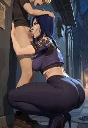 1boy1girl against_wall ai_generated alley arcane arcane_caitlyn ayyaai balls bigger_female blonde_hair_male blowjob bubble_butt caitlyn_(league_of_legends) caitlyn_kiramman cropped_shirt cum cum_in_mouth deepthroat fat_ass fat_thighs fully_clothed_female high_heels holding_head huge_ass league_of_legends medium_breasts night open_mouth orgasm orgasm_face penis penis_in_mouth size_difference smaller_male squatting street thick_thighs twitching