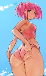1girls ass ass_focus breasts breasts cloud female female_only green_eyes hunie_(series) huniepop kyu_sugardust large_ass liamickpie looking_at_viewer looking_back pink_hair presenting presenting_ass pulling_panties sky small_breasts swimsuit twintails