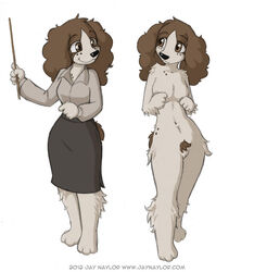 2012 anthro breasts brown_eyes brown_hair canine clothing dixie_(jay_naylor) dog female freckles fur hair jay_naylor lumpkinville_(jay_naylor) nude pubic_hair pussy shirt skirt smile unshaved_pussy wand white_fur