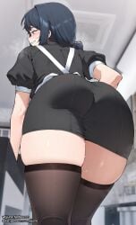 apron ass black_dress black_thighhighs blue_hair blurry blurry_background dress female highres jjune looking_to_the_side medium_hair miniskirt original pussy_juice pussy_juice_trail short_sleeves skirt smile solo thighhighs white_apron