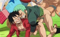 3boys ball_fondling balls bara big_penis black_hair blush boat bottomless burankoprn clenched_teeth erection foreskin gay grabbing_penis green_hair hat male male_only monkey_d_luffy muscular muscular_male muscular_thighs one_piece partially_retracted_foreskin penis penis_grab pre-timeskip retracted_foreskin roronoa_zoro shounen_jump sideburns straw_hat tan_skin thick_thighs uncensored uncircumcised uncut veiny_penis yaoi