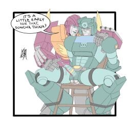 2boys alien alien_humanoid blue_eyes blush_lines chair dialogue dominant dominant_male erect_penis kup_(transformers) looking_down nuefass restrained_arms restrained_legs restrained_wrists robot robot_alien robot_humanoid rodimus_prime simple_coloring simple_shading sounding sounding_rod straps thigh_strap transformers transformers_g1 yaoi