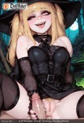 ai_generated bangs bare_shoulders belt black_dress black_gloves black_headwear black_legwear black_nails blonde_hair blush bow breasts crescent_moon cum dollmaker dress elbow_gloves erection fangs female female_pubic_hair fingernails full_moon gloves halloween hat heart heart-shaped_pupils jewelry long_hair looking_at_viewer male_pubic_hair medium_breasts moon nail_polish night night_sky no_panties one_eye_closed open_mouth penis pink_nails pov precum pubic_hair purple_nails pussy red_nails saliva sitting smile solo_focus spread_legs straight symbol-shaped_pupils tagme testicles thighhighs toenail_polish toenails tongue tongue_out tree two_side_up vampire witch_hat