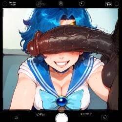 1boy 1girl 2024 ai_generated ami_mizuno bishoujo_senshi_sailor_moon blue_hair blush cleavage close-up dark-skinned_male dark_skin erect_penis erection faceless_male female large_penis light-skinned_female light_skin looking_at_viewer male male/female penis penis_covering_eyes penis_on_face posing posing_with_penis sailor_collar sailor_mercury sailor_senshi_uniform sailor_uniform selfie short_hair smile social_media straight sweat testicles veiny_penis zawuardo