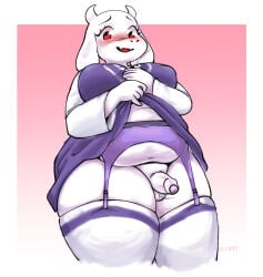 2018 2_horns anthro balls belly big_breasts blush border boss_monster_(undertale) bovid breasts buried_penis caprine clothed clothing clothing_lift crossgender curvy_figure dress dress_lift erection eyelashes fangs floppy_ears foreskin ftg_crossgender fti_crossgender fupa futanari garter_belt garter_straps genitals goat gradient_background gynomorph hi_res horn intersex legwear looking_at_viewer looking_down looking_down_at_viewer lop_ears low-angle_view mammal mature_anthro mature_gynomorph mature_intersex nipple_outline open_mouth open_smile overweight overweight_anthro overweight_gynomorph overweight_intersex penis portrait presenting presenting_penis red_eyes robe_lift signature simple_background sloppydraws small_penis smile smiling_at_viewer solo teeth thick_thighs thigh_highs three-quarter_portrait toriel undertale undertale_(series) white_border wide_hips