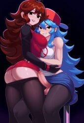 2girls ai_generated ass asymmetrical_docking black_gloves black_pantyhose blue_hair blue_nails blue_skirt boyfriend_(friday_night_funkin) breasts female_boyfriend_(friday_night_funkin) friday_night_funkin from_behind futanari genderswap_(mtf) girlfriend_(friday_night_funkin) long_hair medium_breasts penis red_dress red_hat rule_63 sitting sitting_on_stool smile teeth white_shirt yuri