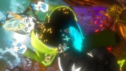 1futa big_breasts black_sclera blue_eyes canid futanari looking_at_viewer multi_genitalia multiple_penises peace_sign sloppydragons solo tagme vrchat