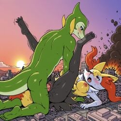 1boy 1girls 4_toes against_building ai_generated anthro big_breasts big_penis bodily_fluids braixen breasts city cracks destruction duo female giant giantess heat leaning_on_building legs_up looking_pleasured macro male male/female missionary_position moaning motion_lines nipples nude penis pokemon pokemon_(species) pussy serbm servine spread_legs sunset vaginal_penetration