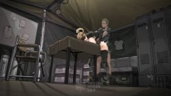 1boy bench bent_over blonde_hair chair clothed_sex dark-skinned_male dark_skin female frozen_spider_lily frozenspiderlily highres interracial locker on_table pants sex sex_from_behind standing standing_sex table torn_clothes torn_pants trigger_(zenless_zone_zero) zenless_zone_zero
