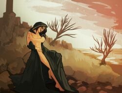 1girls applesauce_jack brown_hair brown_hair cloak covering_breasts dark_souls dark_souls_2 emerald_herald feet hood mostly_nude outdoors partially_clothed shanalotte_(dark_souls)