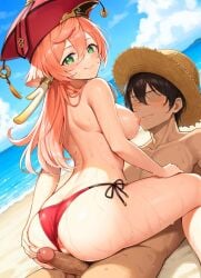 ai_generated anus artist_request beach before_sex big_penis crossover curvy curvy_female female genshin_impact girl male monkey_d_luffy on_top one_piece pink_hair sex smile straight straw_hat swimsuit yanfei_(genshin_impact)