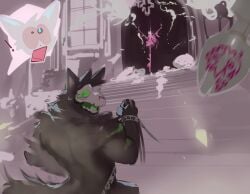 absurd_res action_scene anthro assault_rifle biceps black_body black_ears black_fur black_tail blue_eyes bodily_fluids bone buttplug canid canine clothing cutaway deltoids dress dual_wielding dust female fur green_eyes green_tongue group gun head_turned hi_res holding_assault_rifle holding_object holding_weapon kogito looking_back male male_(lore) mammal monster_energy muscular muscular_anthro muscular_male open_mouth pink_tongue plug_(sex_toy) pointy_ears prick_ears ranged_weapon rifle running scared sex_toy skull skull_head skulldog_(species) stairs standing tail tears tongue trio weapon white_body white_fur wide_eyed