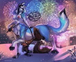 absurd_res anthro belly_riding big_breasts blue_body blue_eyes blue_fur blush bound breasts brown_body brown_fur canid canine canis duo female female/female fur green_eyes harness hi_res ithilwen_galanodel jackal looking_pleasured mammal nipples raised_tail saddle tail taur tlt_echelon under_saddle white_body white_fur wolf xenon_archer