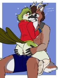 absurd_res anthro anus apodiform aroused ass avian bird blush bodily_fluids boots bottomless bottomless_female bottomwear bulge butt_grab caption clothed clothing deer duo erection erection_under_clothing female female_on_top fish_birb footwear formal_wear fur genital_fluids genitals hand_on_butt heart_symbol hi_res hummingbird male male/female mammal marching_band marching_band_uniform on_lap on_top praise praise_kink pussy sarah_(fish_birb) seb_(viero) shoes shorts sitting_on_lap tail topless topless_male uniform vaginal_fluids white_body white_fur