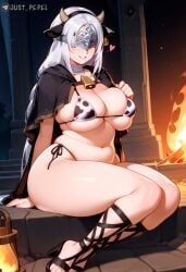 ai_generated animal_ears animal_print bandages bell belly bikini black_capelet black_footwear blindfold breasts cape capelet cleavage cloak covered_eyes cow_ears cow_horns cow_print cow_print_bikini cowbell curvy dark_souls dark_souls_3 eye_mask fake_animal_ears fake_horns feet female fire_keeper grey_hair grin hairband heart high_heels horns large_breasts long_hair mask navel neck_bell plump print_bikini sandals side-tie_bikini_bottom sitting skindentation smile solo strappy_heels swimsuit thick_thighs thighs toes white_hair