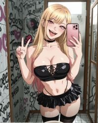 1girls ai_generated bathroom bitchy blonde_hair breasts cheating cheating_girlfriend choker cleavage female graffiti heart human japanese_female kitagawa_marin light-skinned_female light_skin lipstick looking_at_viewer makeup microskirt mirror_selfie multicolored_hair netorare ntr off_shoulder piercing pink_eyes public_restroom selfie selfie_pose skirt smile solo solo_female sono_bisque_doll_wa_koi_wo_suru stable_diffusion strapless taking_picture taking_selfie thigh_highs thighhighs thong v_pose vooluxx