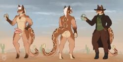 2025 4_toes 5_fingers absurd_res animal_genitalia animal_penis anthro artist_logo ass balls belly blush boots bottomwear brown_body brown_cargo_pants brown_clothing brown_fur brown_hat brown_headwear brown_trenchcoat cactus canid canine canine_genitalia canine_penis canis canteen cargo_pants cheek_tuft chest_tuft claws clothed clothing coat colored coyote dated detailed_background english_text erection facial_tuft fallout feet fingers footwear front_view full-length_portrait fur fur_markings genitals green_clothing green_shirt green_t-shirt green_topwear hair hat headgear headwear hi_res holding_object hybrid knot logo long_tail looking_aside male mammal markings microsoft model_sheet multi_genitalia multi_penis multicolored_body muscular muscular_anthro muscular_male navel night_stalker_(fallout) nude orange_body orange_eyes orange_fur pants paws penis pit_viper plant portrait rattle_(anatomy) rattlesnake rear_view reptile scales scalie sheath shirt shoes sky snake solo spots spotted_markings t-shirt tail text toes topwear trenchcoat tuft viper wasteland white_belly white_chest white_hair white_sclera wolfarion