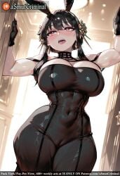 ai_generated animal_ears arms_up asmutcriminal bangs black_gloves black_hair blush breasts cleavage covered_navel desk earrings eyebrows_visible_through_hair fake_animal_ears female gloves hair_between_eyes hair_flower hair_ornament heart-shaped_pupils indoors large_breasts long_hair looking_at_viewer on_desk open_mouth rabbit_ears red_eyes skindentation smile solo standing sweat symbol-shaped_pupils tagme thighs window