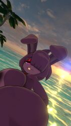 1girls beach big_ass big_breasts bonnie_(cally3d) bonnie_(fnaf) five_nights_at_freddy's fnaf fredina's_nightclub laying_down laying_on_side looking_at_viewer nude purple_body solo tagme