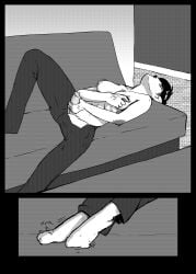 2018 absurd_res areola black_border black_hair border bottomwear breasts clothed clothing comic curling_toes erection feet footwear fur fur_growth genitals growth gynomorph hair halftone head_back hi_res human_to_anthro humanoid intersex looking_pleasured lying masturbation mid_transformation monochrome motion_lines mtf_transformation multi_breast multi_nipple nipple_fetish nipple_play nipples on_back open_mouth pants penile penile_masturbation penis pesimist snout snout_growth socks solo species_transformation spread_legs spreading topless transformation