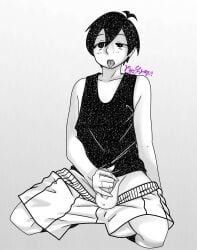 1boy anime_style black_and_white black_eyes black_hair black_tank_top jerking_off looking_up masturbation motion_lines omori omori_(character) omori_(game) omori_(omori) on_knees penis shorts shorts_down sketch socks solo_focus solo_male tongue_out white_background white_skin yukarin_(artist)