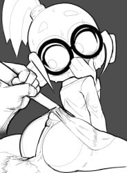 anthro black_and_white bloons_tower_defense blush bodily_fluids covering covering_mouth duo eyewear female glasses hair haplorhine hi_res hot_dogging human human_on_anthro interspecies male male/female mammal monkey monkiebrained monochrome nervous ninja_kiwi patch_(bloons) ponytail primate sex size_difference sweat tail tail_pull