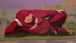 16:9 4_fingers 4_toes 4k 5_fingers absurd_res anthro balls bed_grab belly belly_hair biceps big_belly biped body_hair boots breasts chest_hair clothing digital_media_(artwork) dreadlocks echidna erection eyebrows feet fingers footwear from_front_position fur genitals gloves hair half-closed_eyes handwear head_grab hi_res humanoid_genitalia humanoid_penis knee_grab knuckles_the_echidna larger_anthro leg_grab light light_body long_hair looking_at_viewer lying male male_only mammal manly mature_anthro mature_male monotreme moobs mountain multicolored_body multicolored_fur musclegut muscular muscular_anthro muscular_male narrowed_eyes nipples nude on_side palm_tree penile penis plant plantigrade pubes raised_leg red_body red_fur red_hair romantic sega shoes simple_background size_difference solo sonic_(series) sonic_the_hedgehog_(series) squint thick_thighs toes tree true_pengon two_tone_body two_tone_fur wide_hips widescreen