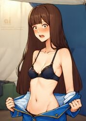 advance_wars:_dual_strike ai_assisted ai_couture ai_generated bangs black_bra blush brown_eyes brown_hair caught caught_undressing embarrassed long_hair nintendo sasha_(advance_wars) small_breasts surprised surprised_expression undressing