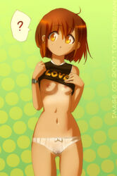 2007 breasts brown_hair copyright_request dark_skin female multiple_girls nipples oppai panties shirt_lift short_hair tan tanline tanlines tanned toweringman underwear yellow_eyes yuri