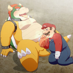 1:1 2boys 3_toes 4_fingers anthro barefoot beige_nose beige_skin blush bowser bulge chubby claws clothed/nude collar erection gay gloves green_shell hair hat horn human king koopa licking male male_only mario mario_(series) multiple_males nintendo overalls penis penta002 royalty scalie shell sitting spikes spiky_shell spread_legs spreading tongue tongue_out video_games wristband yaoi