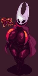 2025 2_horns arthropod artist_logo belly big_breasts biped black_eyes bonkez breasts cape clothing digital_media_(artwork) english_text female hi_res hollow_knight horn hornet_(hollow_knight) logo pixel_(artwork) red_cape red_clothing shadow simple_background solo standing team_cherry text thick_thighs white_head wide_hips