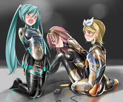 3girls aqua_eyes aqua_hair arms_behind_back blonde_hair blue_eyes blush bondage bound_arms bound_legs dildo hatsune_miku kagamine_rin latex long_hair maimai11 megurine_luka multiple_girls multiple_subs nonude open_mouth pink_hair restrained short_hair tied_hair twintails vibrator vocaloid