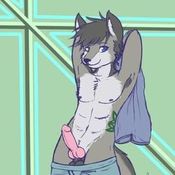 anthro balls blue_eyes canine canine_penis clothes color erection front_view furry kitazureskye knot male male_only nipples no_humans penis solo standing undressing wolf