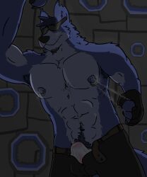 abs anthro armpit_hair balls balls_outline belt big_balls big_bulge big_penis black_bottomwear black_clothing black_pants blue_body blue_fur blue_nipples bodily_fluids body_hair bottomwear bulge chest_hair chest_tuft clothed clothing detailed_bulge digital_drawing_(artwork) digital_media_(artwork) dripping erect_nipples erection erection_under_clothing eyewear facial_hair fur genital_fluids genital_outline genitals goatee hairy half-erect happy_trail hi_res kodiff leaking leaking_precum leaning leaning_forward leaning_on_wall male mature_anthro mature_male mouth_closed mouth_scar muscular muscular_anthro muscular_male nipple_fetish nipple_piercing nipple_play nipple_pull nipple_ring nipple_ring_pull nipples notched_ear open_belt open_bottomwear open_clothing open_pants pants pecs penis piercing pink_penis precum precum_drip precum_through_clothing precum_through_underwear presenting pubes raised_arm ring_piercing scar shirtless shirtless_male simple_background solo stubble sunglasses tenting topless topless_male tuft underwear wet wet_clothing